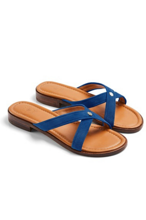 Fairfax & Favor Holkham Suede Sandal. A pair of Porto Blue sandals with cross over straps, gold hardware, 2cm heel, and padded insole