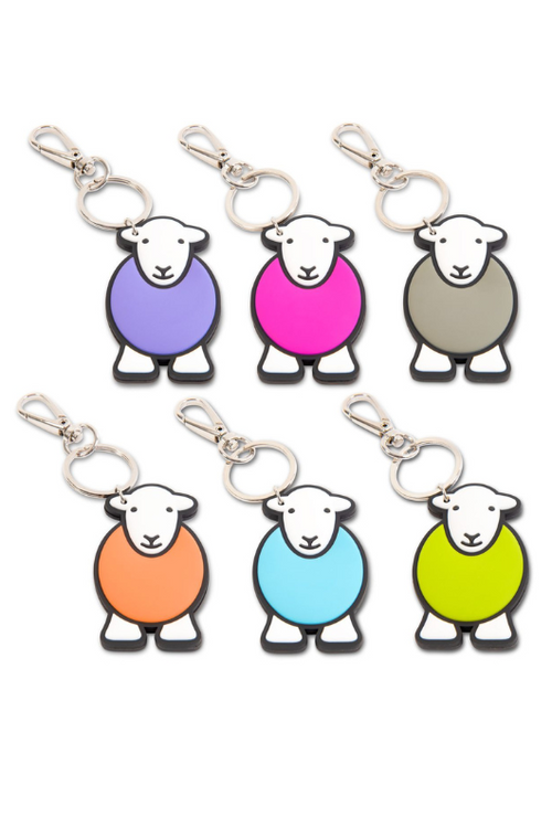 An image of 6 Herdy Company Chunky Yan Keyrings in Purple, Pink, Grey, Orange, Blue and Green.