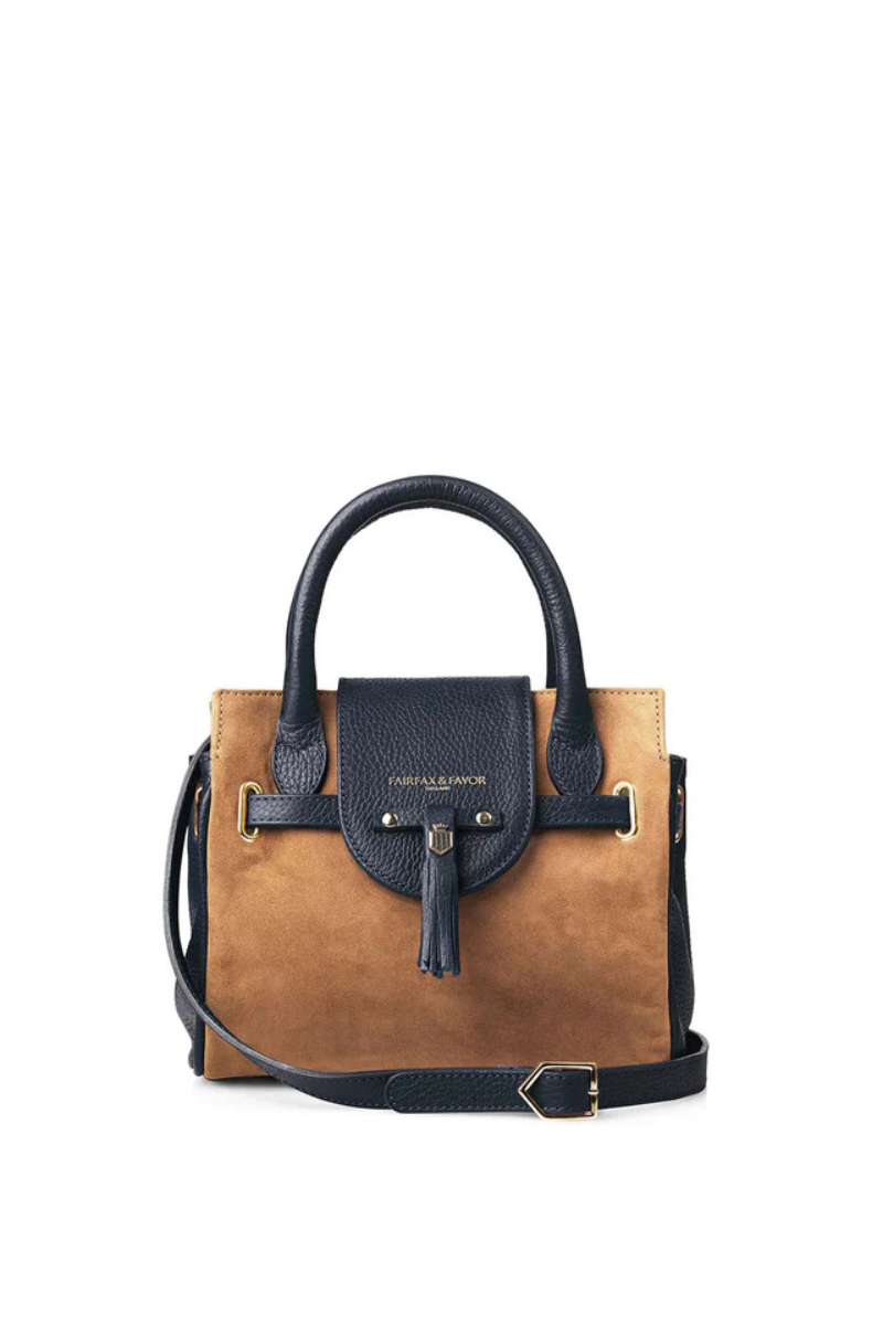 An image of the Fairfax & Favor Fairfax & Favor Mini Windsor Handbag Tan/Navy Suede