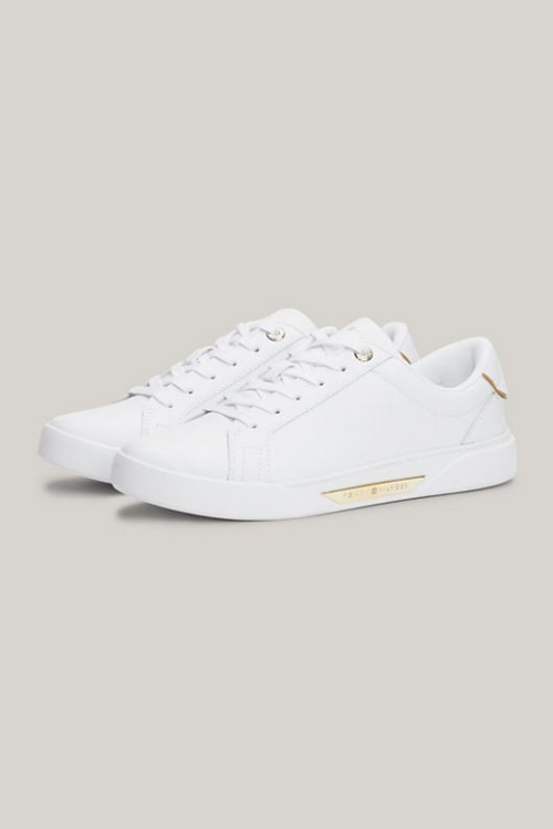An image of the Tommy Hilfiger Metallic Trim Leather Court Trainers in the colour White.