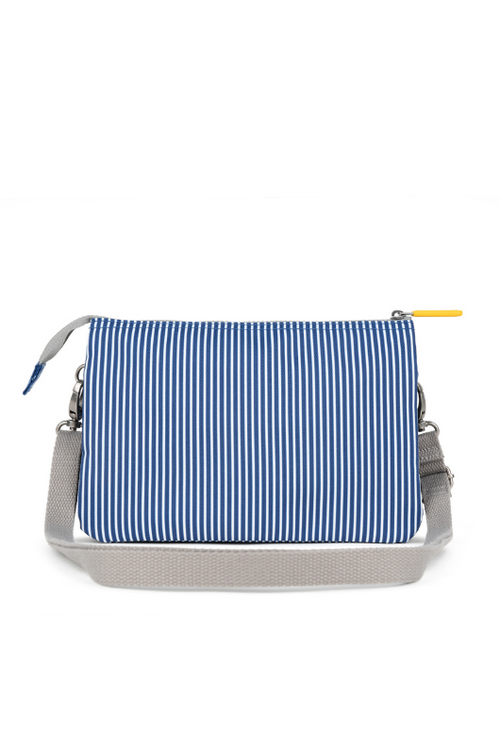 An image of the Roka London Carnaby Crossbody XL Hickory Stripe Recycled Canvas Bag.