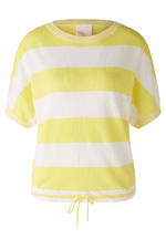 Oui Block Stripe Jumper. A knit jumper with yellow and white block stripes, round neckline, batwing sleeves, and drawstring cord at the hemline.