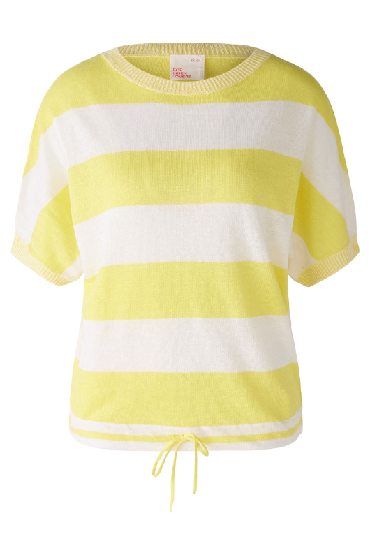 Oui Block Stripe Jumper. A knit jumper with yellow and white block stripes, round neckline, batwing sleeves, and drawstring cord at the hemline.