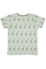 Pigeon Organics Short Sleeve T-Shirt. A short sleeve T-shirt with round neckline, shoulder poppers (up to 3-4y), and green giraffe print.