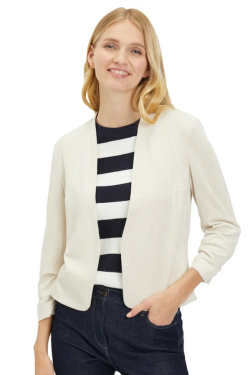 An image of the Betty Barclay Blazer in the colour sand, with 3/4 length sleeves, in a slightly cropped style.