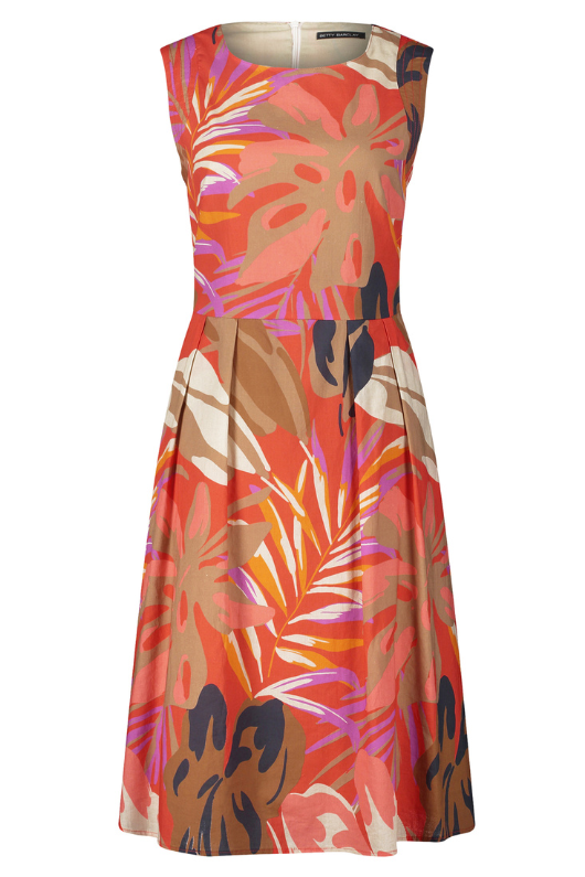 An image of the Betty Barclay Leaf Pattern Dress in the colour Red/Beige.