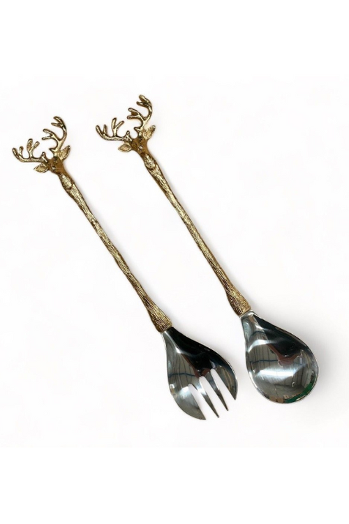 An image of the Orchid Designs Long Champagne Gold Stag Salad Servers.