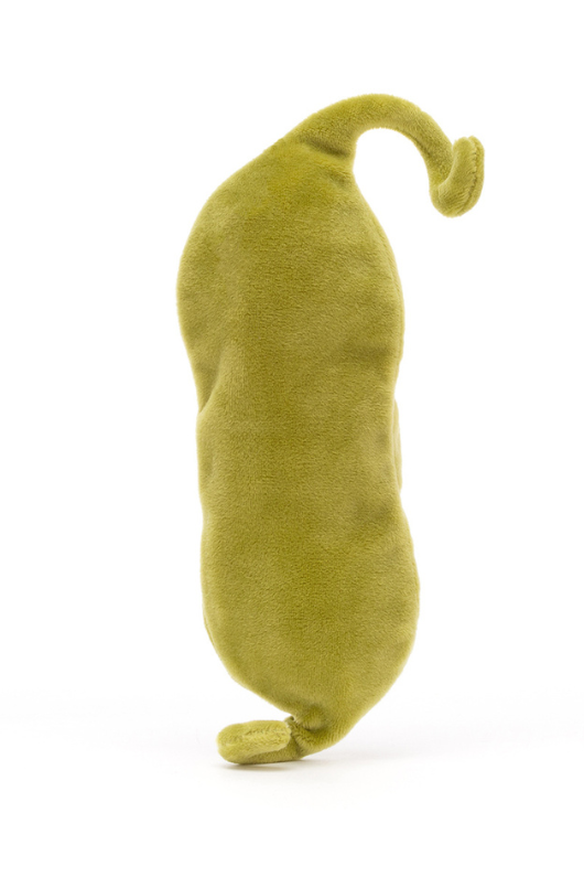 Jellycat Vivacious Vegetable Pea. A soft green velvety soft toy of three peas in a pod with a black stitch smiling face.
