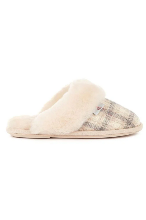 An image of the Bedroom Athletics Kate Harris Tweed Mule Slippers in Cream Check.