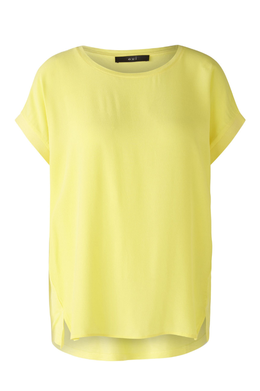 Oui Plain Cap Sleeve T-Shirt. A yellow top with short sleeves, wide neck, and split hem.