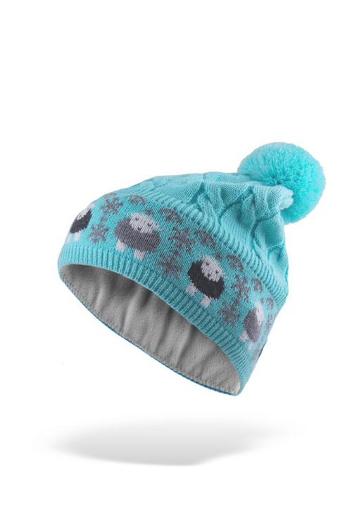 An image of the Herdy Company Cable Knit Bobble Hat in Blue with a pom-pom and sheep design.
