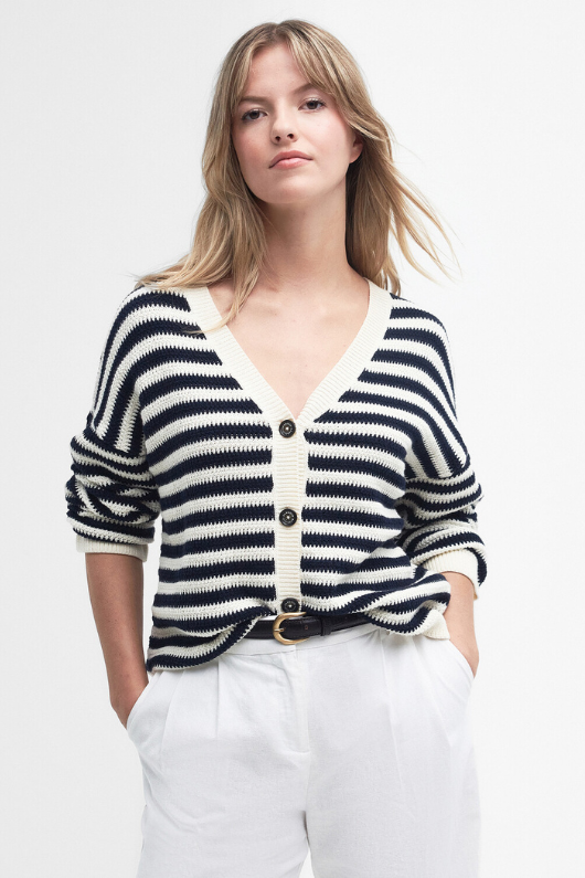 An image of a female model wearing the Barbour Sandgate Striped Cardigan in the colour Multi Stripe.