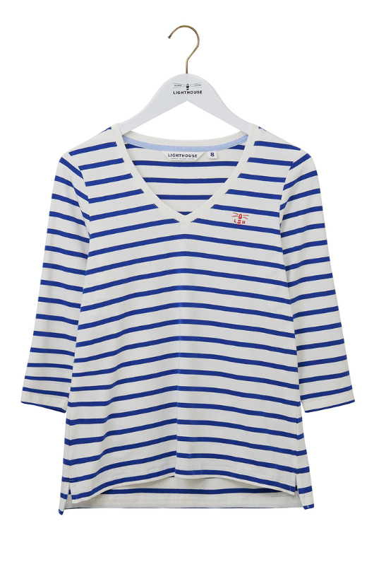 Lighthouse Ariana Top. A long sleeve top with a V-neck and a classic indigo stripe design on a white background.