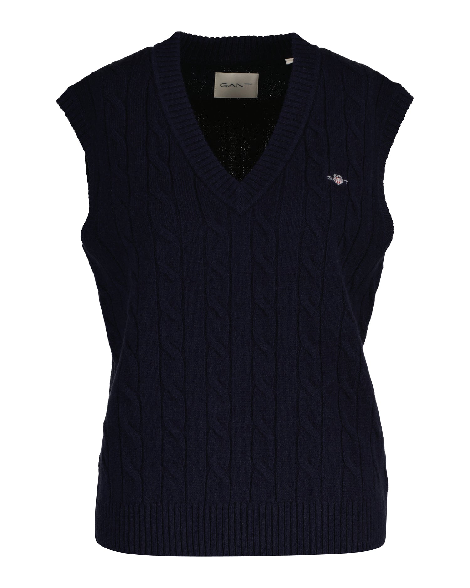 An image of the Gant Lambswool Cable V-Neck Vest