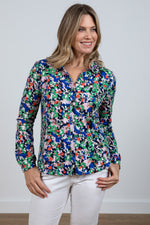 Lily & Me Bowbridge Frieda Top. A relaxed fit, long sleeve, collared neckline top with multicoloured pattern.