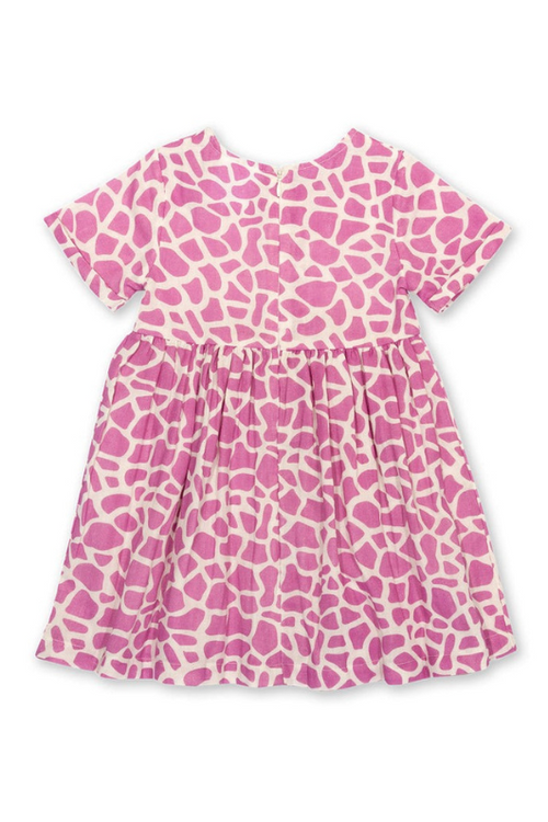 Kite Dress. A floaty pink giraffe print dress with short sleeves and round neckline.