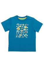 Kite T-Shirt. A short sleeve, round neck T-shirt with poppers and blue fish print.