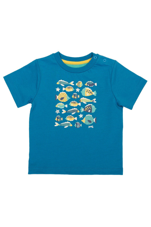 Kite T-Shirt. A short sleeve, round neck T-shirt with poppers and blue fish print.