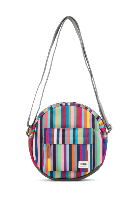 An image of the Roka London Paddington Multi Stripe Recycled Canvas Crossbody Shoulder Bag.