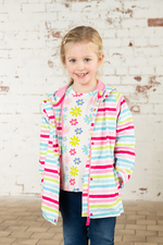 Lighthouse Olivia Jacket. A lightweight, waterproof kids coat with a soft jersey lining, two front pockets, a zip-up front, and a cute multi-colour stripe design.