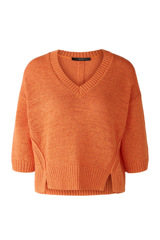 Oui Jumper. An orange, relaxed fit jumper with V-neck, 3/4 length sleeves, and slightly cropped length.