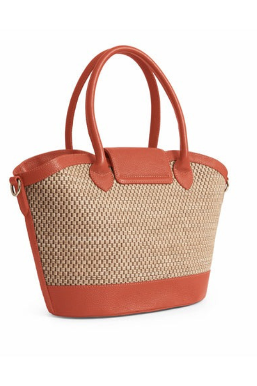 Fairfax & Favor Windsor Leather Basket Bag. A basket bag with Melon coloured details, tassel, crossbody strap, and studded base.