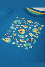 Kite T-Shirt. A short sleeve, round neck T-shirt with poppers and blue fish print.