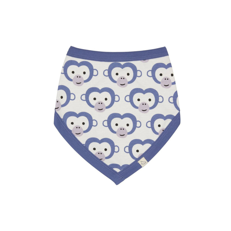 Pigeon Organics Bib. A reversible bib with stripes on one side and purple monkeys on the reverse.