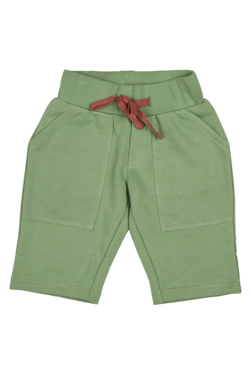 Pigeon Organics Jersey Shorts. A soft, green fabric short that is knee length and has contrasting tie.
