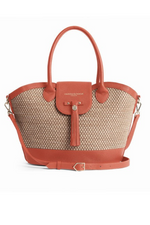 Fairfax & Favor Windsor Leather Basket Bag. A basket bag with Melon coloured details, tassel, crossbody strap, and studded base.