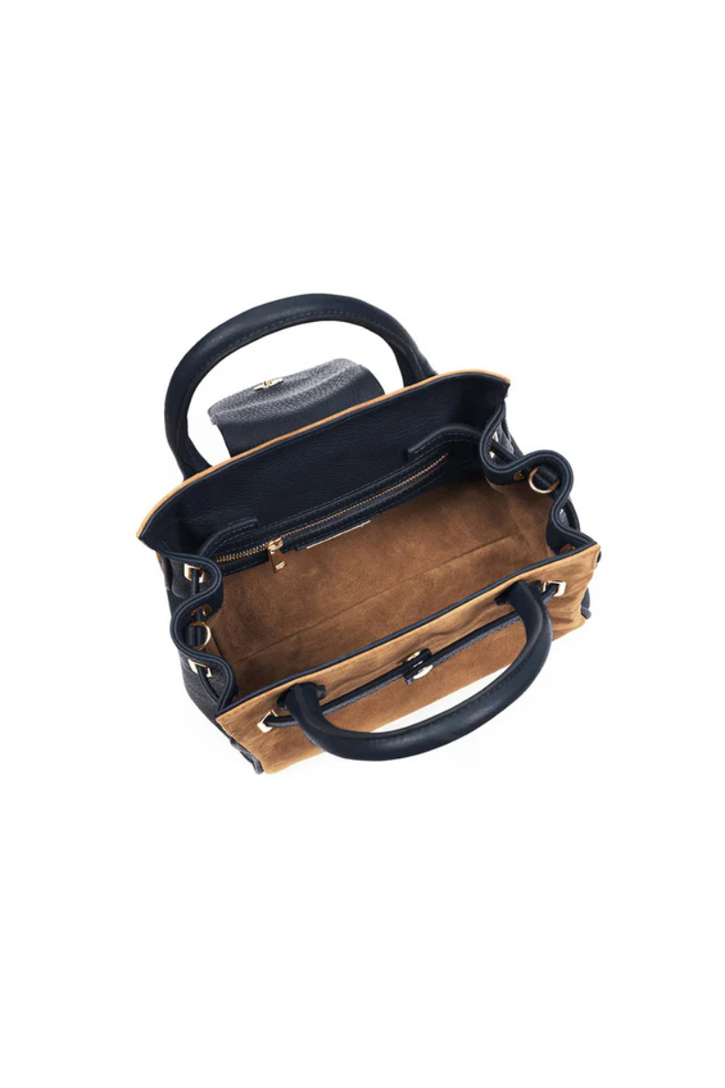 An image of the Fairfax & Favor Fairfax & Favor Mini Windsor Handbag Tan/Navy Suede