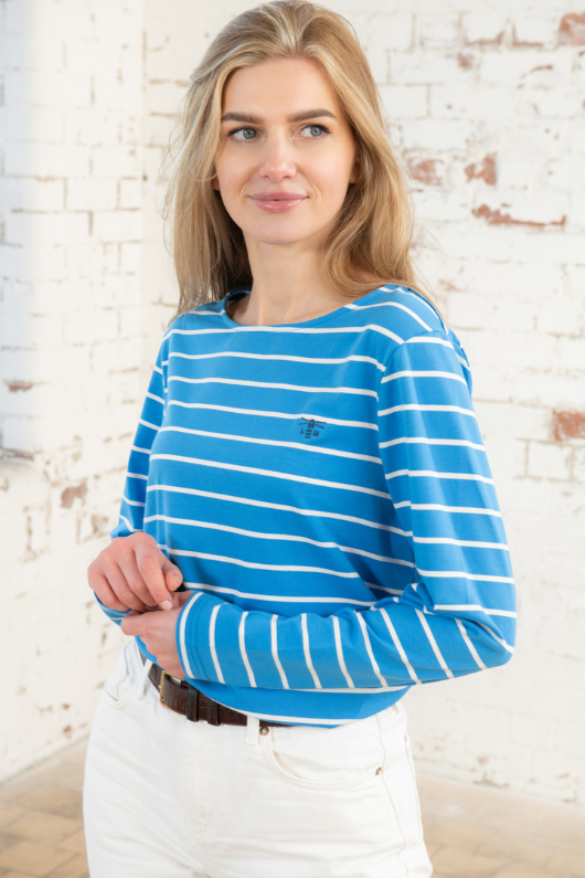Lighthouse Causeway Breton Top. A long sleeve top with a classy boat neck, a stretchy cotton fabric finish and a fun blue and white stripe design
