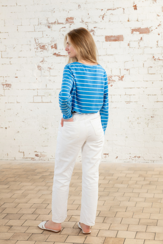 Lighthouse Causeway Breton Top. A long sleeve top with a classy boat neck, a stretchy cotton fabric finish and a fun blue and white stripe design