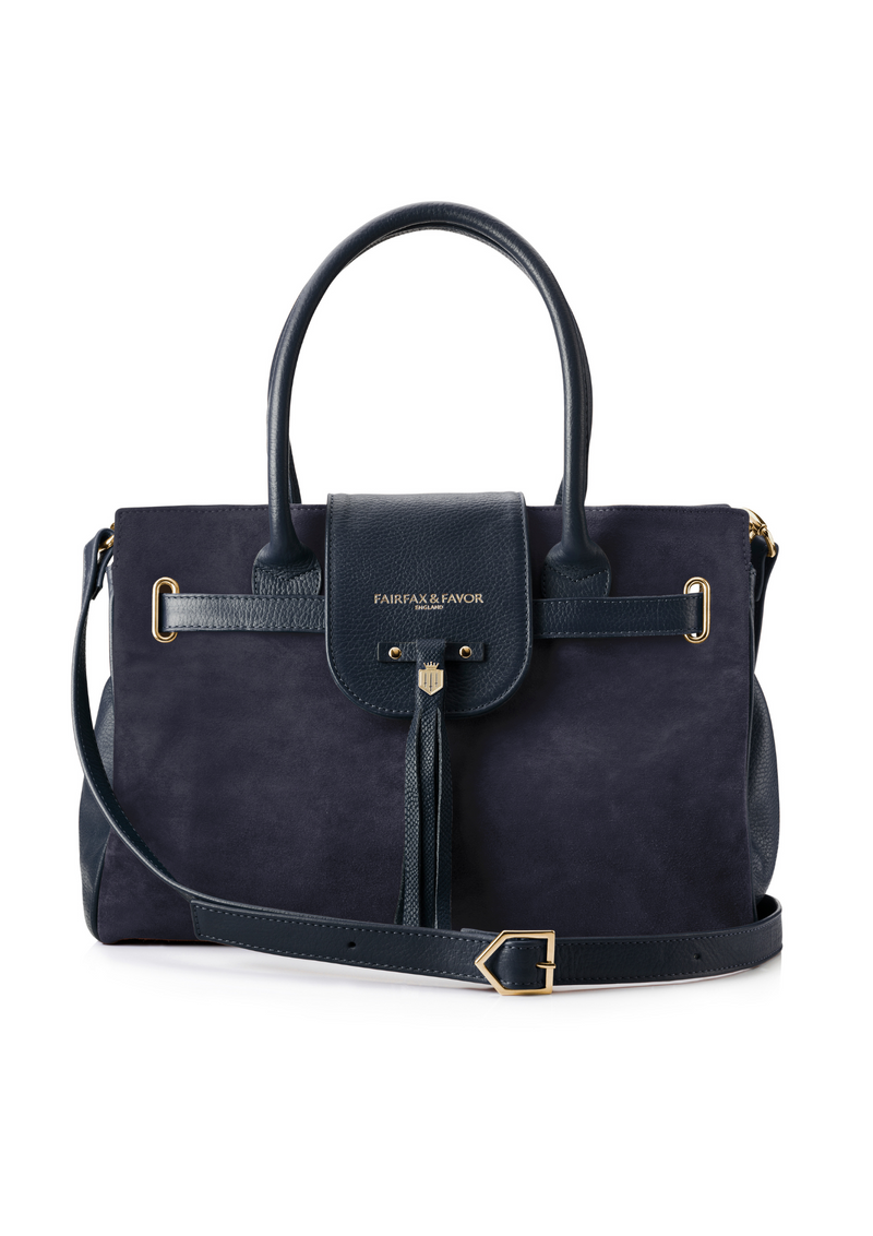 An image of the Fairfax & Favor Fairfax & Favor Windsor Handbag Navy Suede