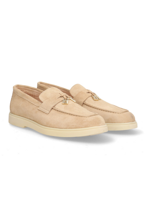 Alpe Suede Loafers in a sand colour with a small lock & key charm on the front