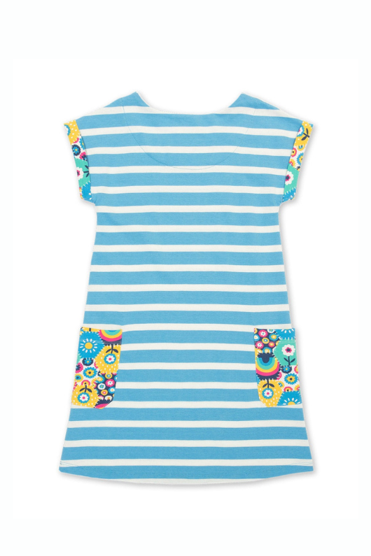 Kite Dress. A short sleeve, round neck dress with blue and white striped print and multicoloured contrasting pockets and hems.