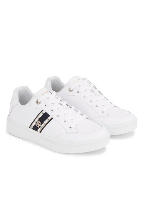 An image of the Tommy Hilfiger Webbing Leather Court Trainers in the colour White.