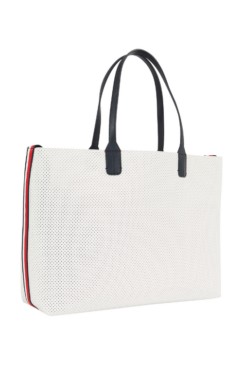 An image of the Tommy Hilfiger Iconic Tommy Perforated Tote in the colour Ecru.