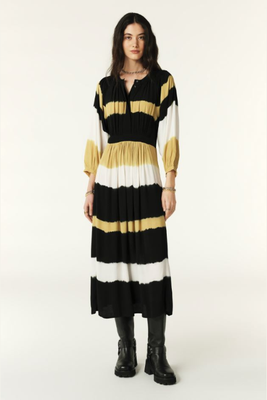 BA&SH Valeria Dress Tie Dye Design. A midi-length dress with long sleeves, an elasticated waist and a black, white and yellow tie-dye print.