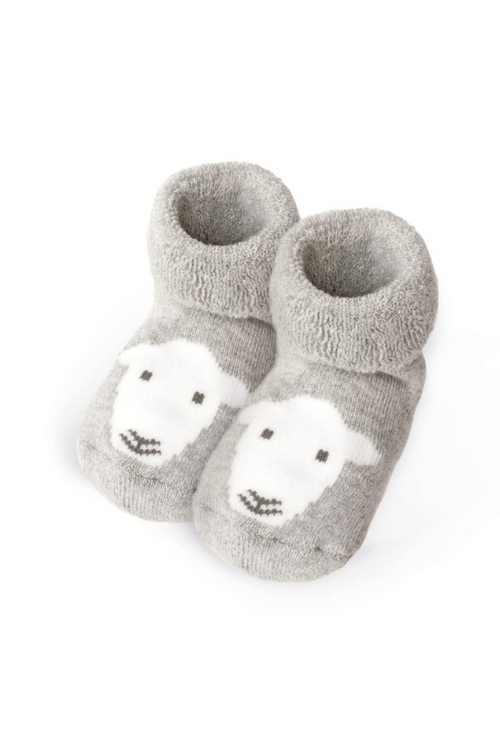 The Herdy Company Baby Socks in grey with a white sheep head design.