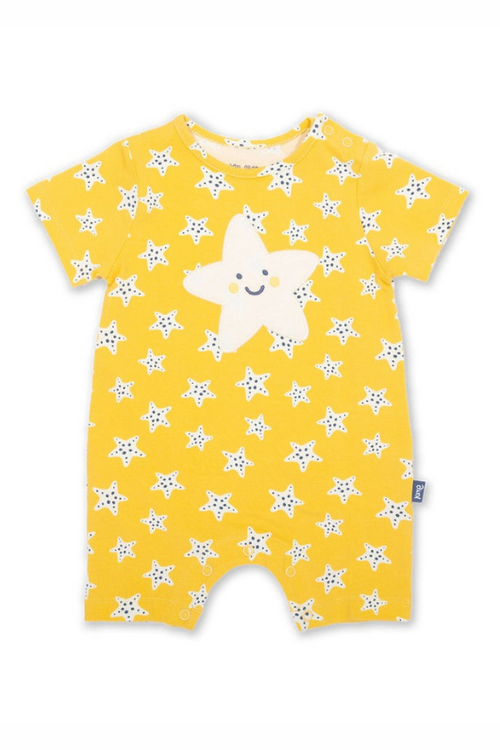 Kite Romper. A short sleeve, short leg romper with yellow starfish print.