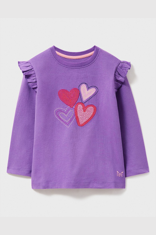 An image of the Crew Clothing Heart Crochet Long Sleeve T-Shirt in the colour Purple.