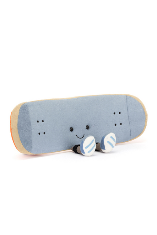 Jellycat Amuseable Sports Skateboarding. A soft toy skateboard with smiling face, trainers, wheels, and orange back complete with 'Jellycat' graffiti.