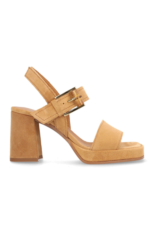 Alpe Platform Sandal. A tan, block heel sandal with an open toe, thick buckle strap fastening, and a chic suede finish