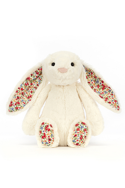 Jellycat Blossom Cream Bunny Original - Medium. A medium sized bashful bunny with cream fur and floral print ears and feet.