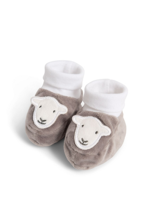 The Herdy Company Baby Booties in grey with a cute sheep head design.