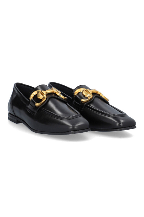 Alpe Leather Loafers in black with bold, gold buckle detail on the front.