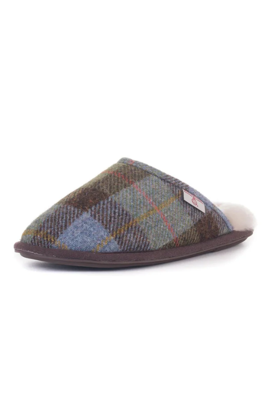 An image of the Bedroom Athletics William Harris Tweed Slippers in the colour Chocolate Green Check.