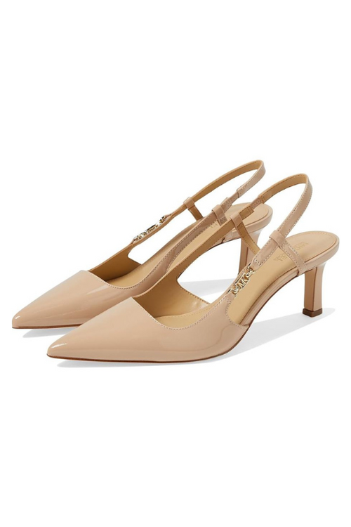 Michael Kors Daniella Mid Sling. Stylish heeled sandals with a pointed toe, sling-back with MK logo clasp, and a medium heel