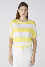 Oui Block Stripe Jumper. A knit jumper with yellow and white block stripes, round neckline, batwing sleeves, and drawstring cord at the hemline.